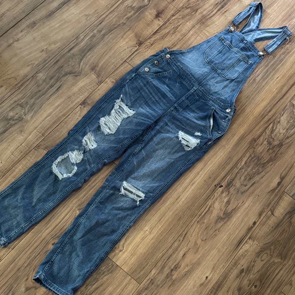 American Eagle Outfitters Distressed Blue Denim Overalls